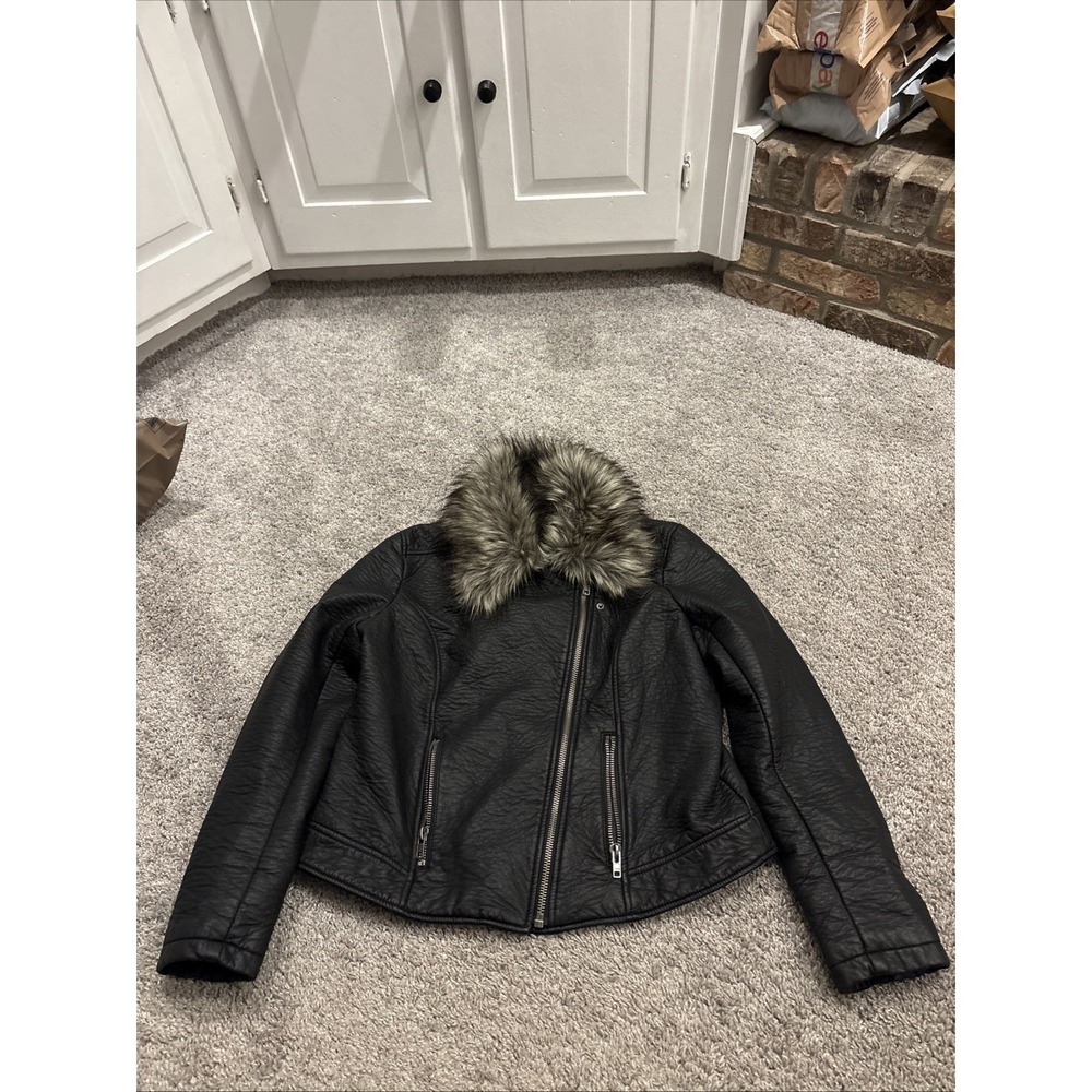 Nicole Miller Women Faux Leather Moto Jacket  Detachable Faux Fur Trim BLACK XL